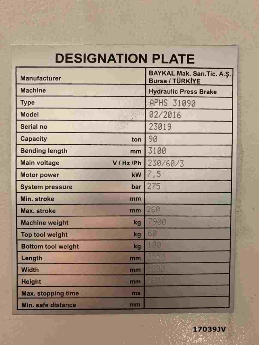 90 Ton x 10' Baykal Press Brake Gladwin Machinery